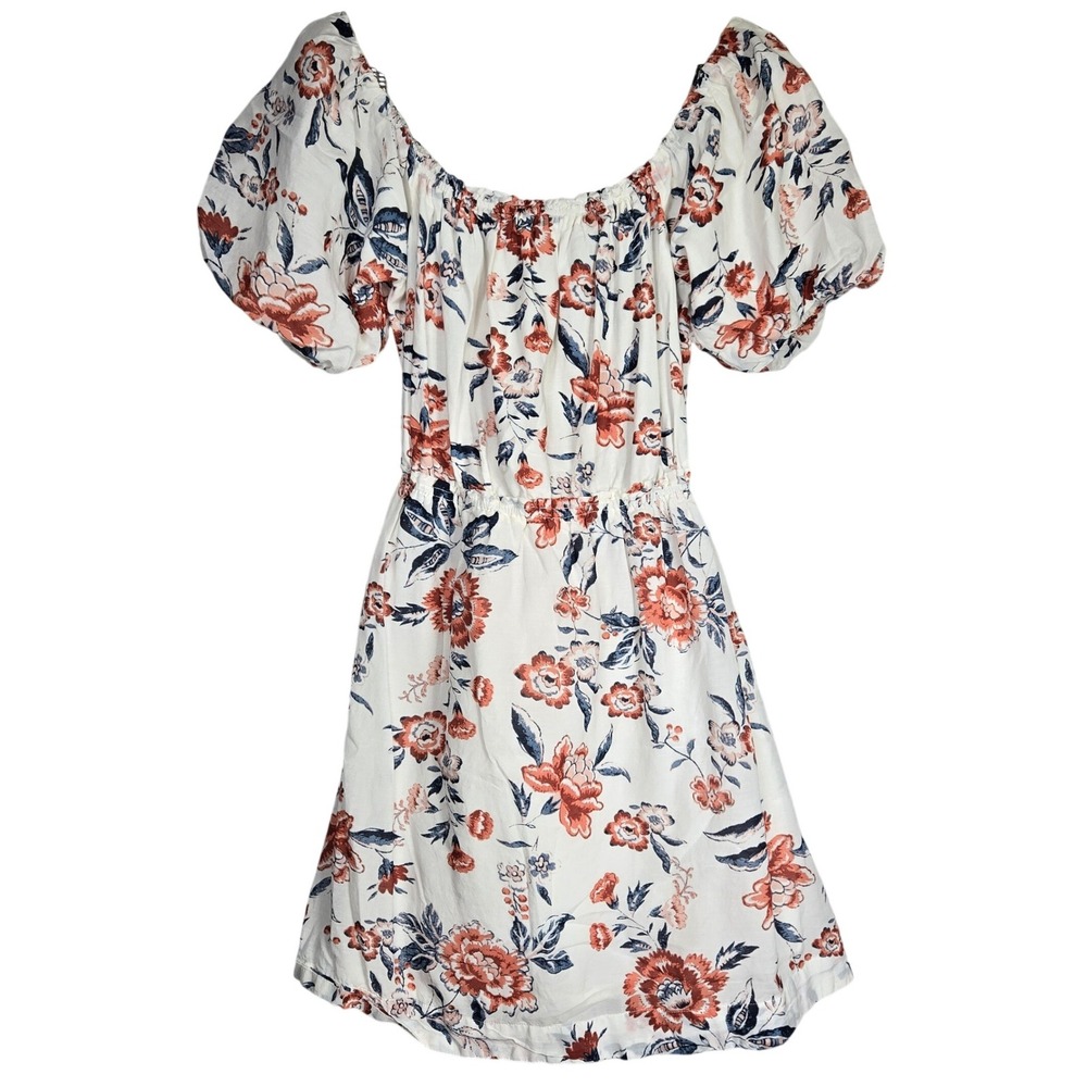 Lucky Brand Floral Puff Sleeve Tie Back Dress White Coral Blue Size M